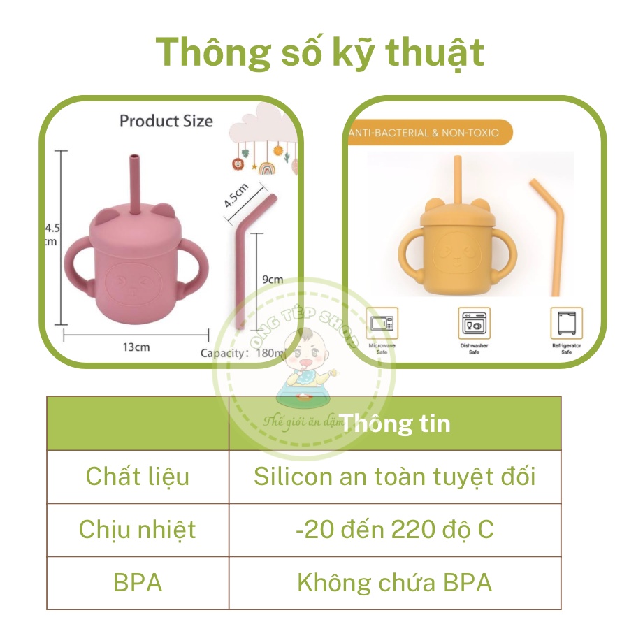 Cốc tập hút silicon hình gấu xinh xắn cho bé tập uống 2in1 kèm ống hút thay thế
