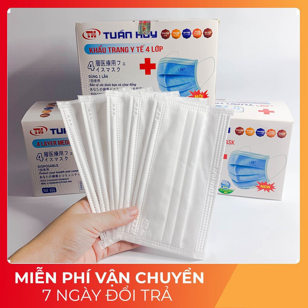 Khẩu trang y tế, Khẩu trang TUẤN HUY 4 lớp màu trắng, hộp 50c, hàng chính hãng #qmc