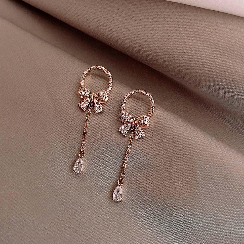 Khuyên Tai Dáng Dài Đính Đá Zircon Hình Giọt Nước Phối Nơ Tua Rua Thời Trang Hàn Quốc Thanh Lịch Cho Nữ