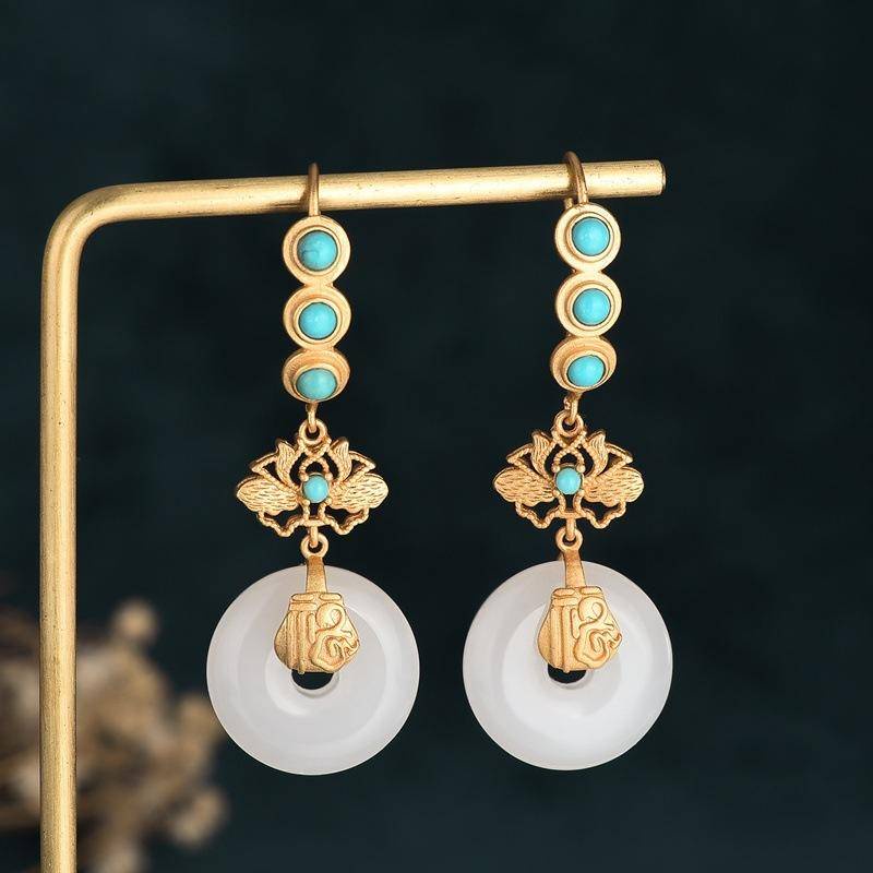 Khuyên Tai Đính Đá Ngọc Lam Trắng Phong Cách Trung Quốc Cổ Điển 133#