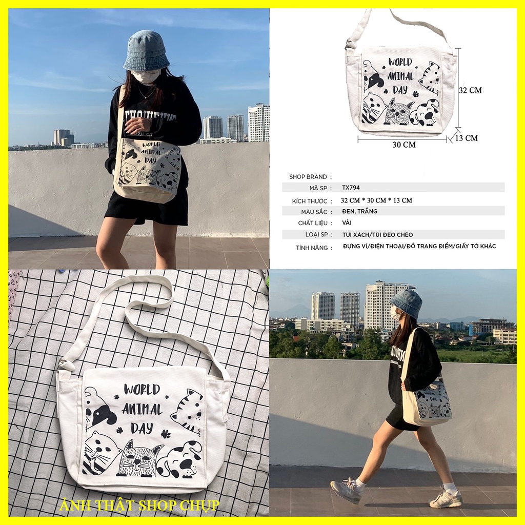 Túi đeo chéo nữ cao cấp WORLD ANIMAL DAY chất vải canvas phong cách UNISEX đi học đi chơi đều đẹp.