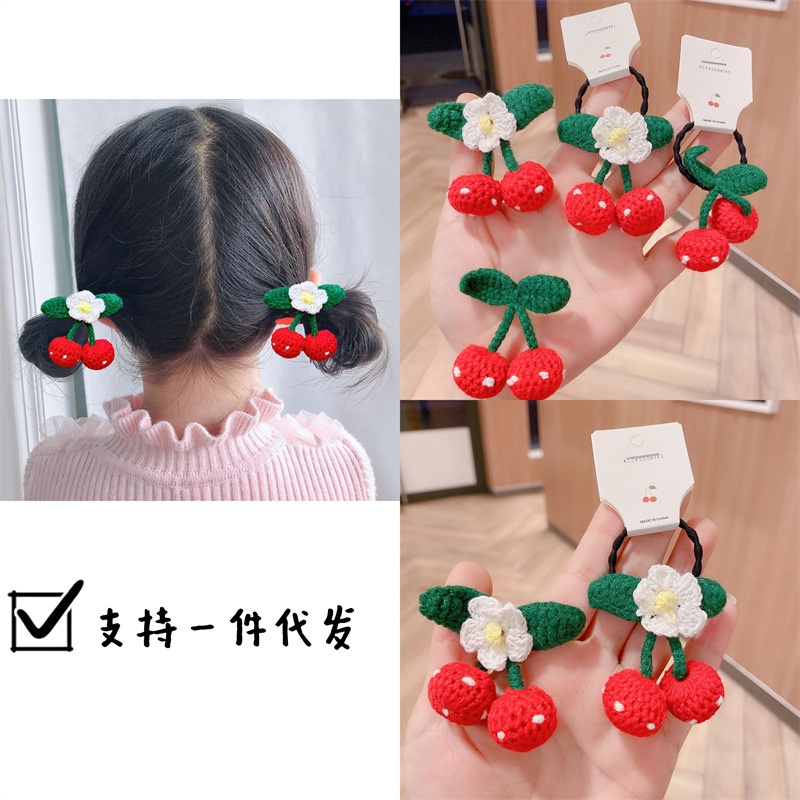 Đồ cột tóc Móc len - Kẹp tóc Cherry Hoa trắng Móc len chấm Bi Xinh xắn cho bé