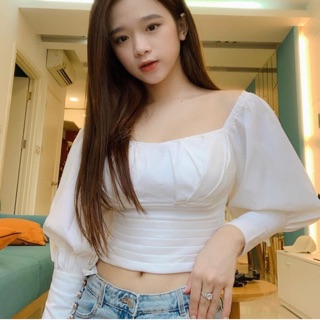 Áo croptop cổ vuông tay bồng đai to bản xếp li nhún ngực Ling Ka