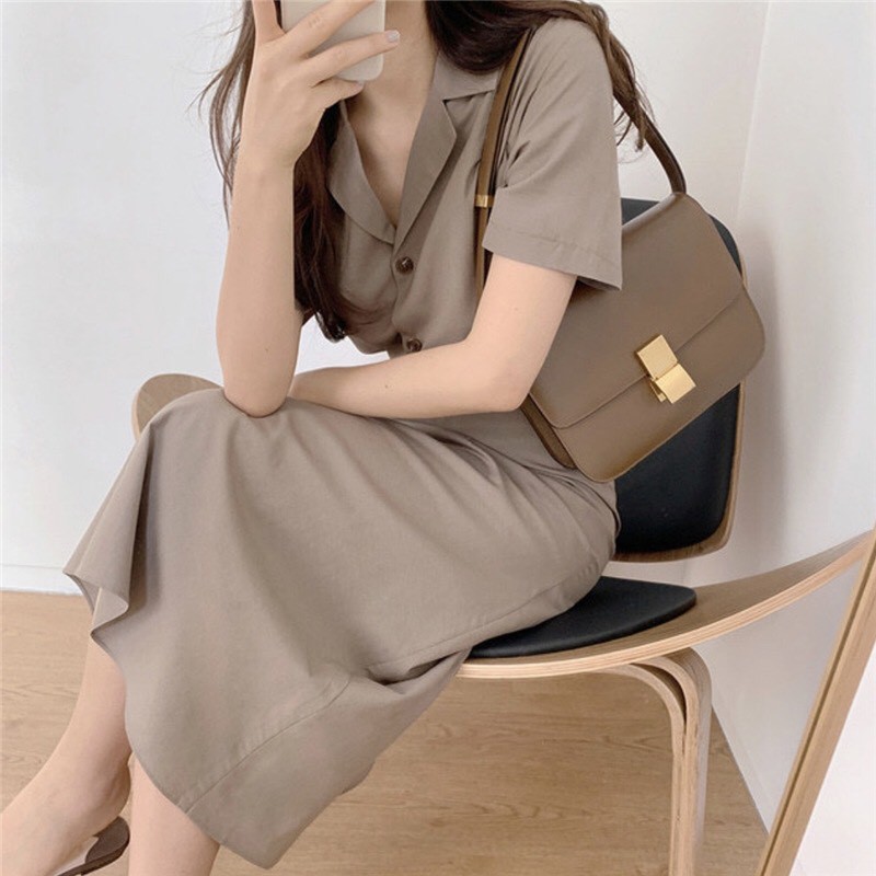 Set váy công sở cổ vest Hàn Quốc dáng dài