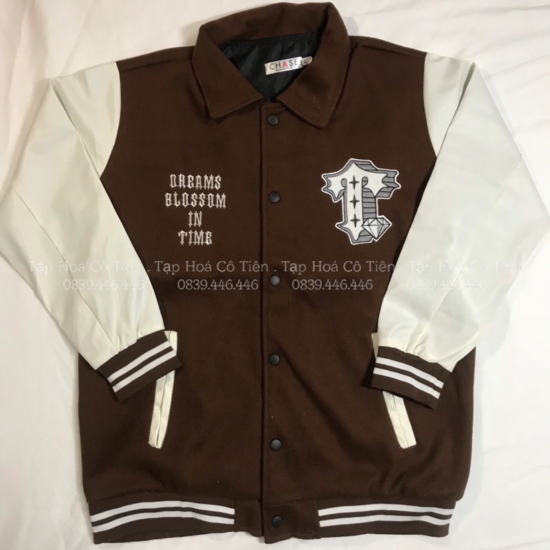 Áo khoác bóng chày lá bài nâu chất dạ tay da nam nữ