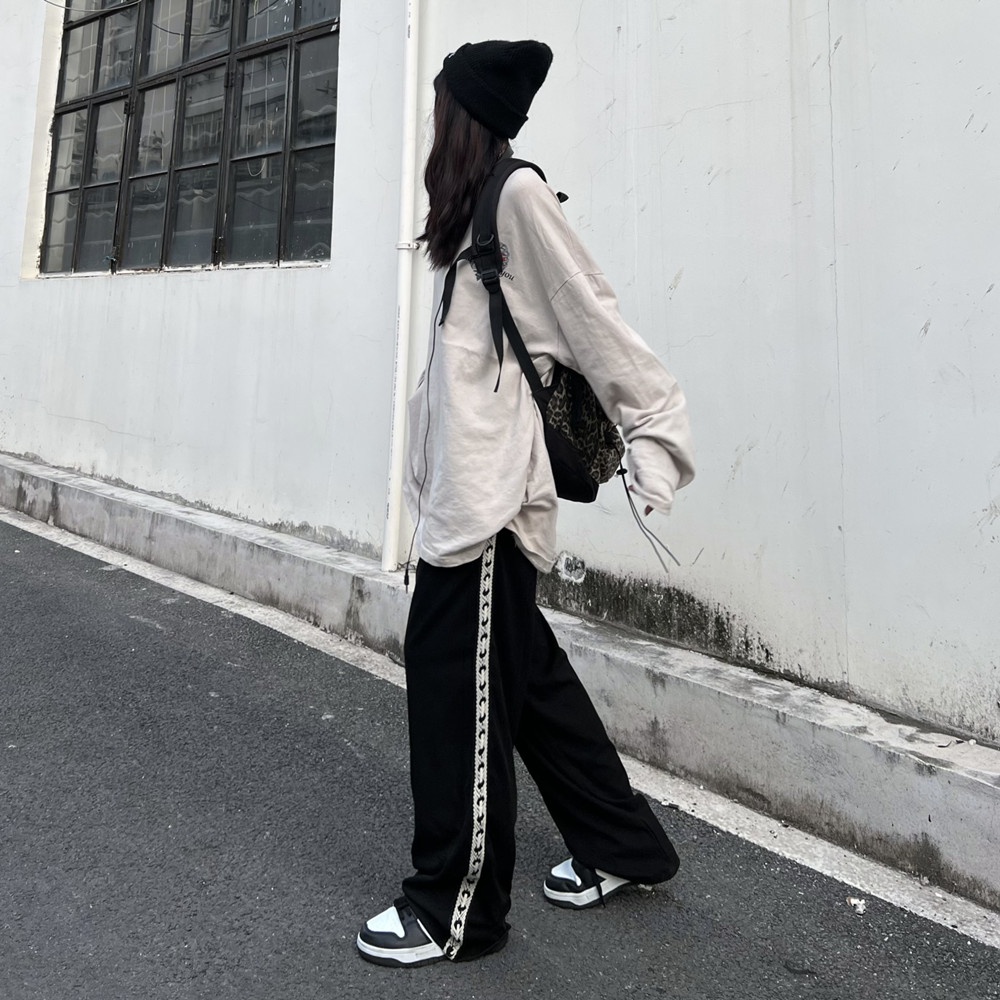 Quần Dài Thể Thao Ống Rộng Dáng Suông Phối Dây Rút Thời Trang Mùa Thu Cho Nữ