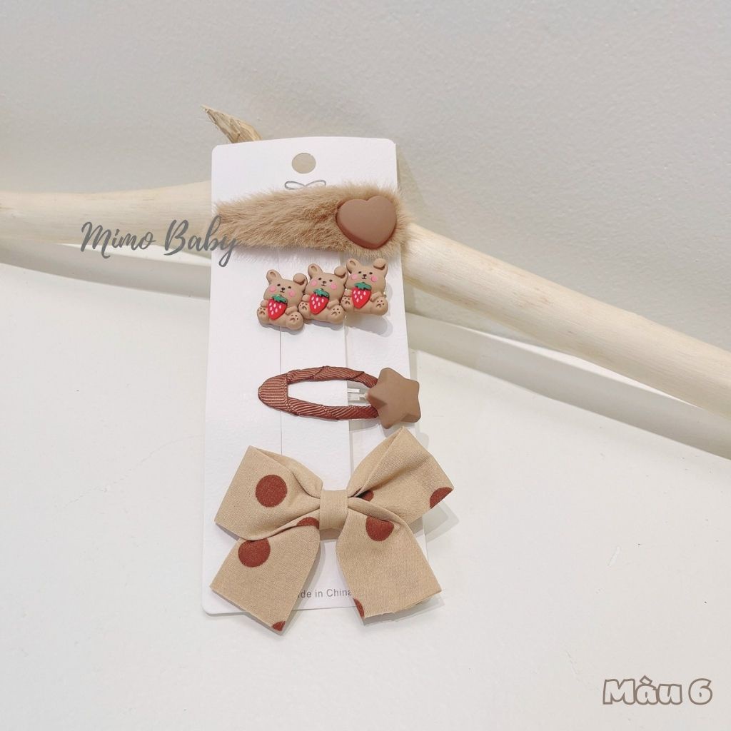 Set kẹp tóc tone nâu họa tiết dễ thương cho bé gái KT32 Mimo Baby