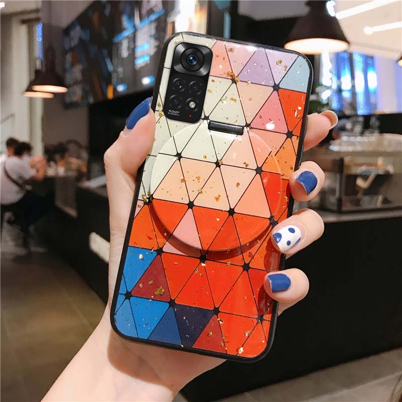 Ốp Điện Thoại Tráng Gương Họa Tiết Lá Vàng Lấp Lánh Kèm Dây Đeo Cho Redmi Note 11 Pro