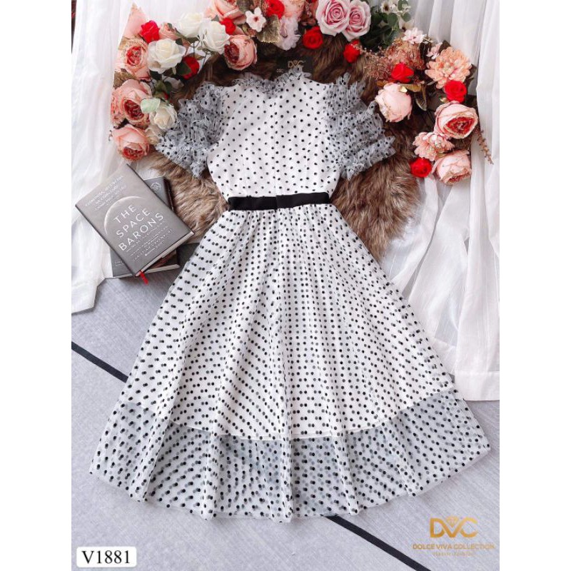 [VÁY ĐI TIỆC CAO CẤP] Váy xòe chấm bi trắng tay bồng | BigBuy360 - bigbuy360.vn