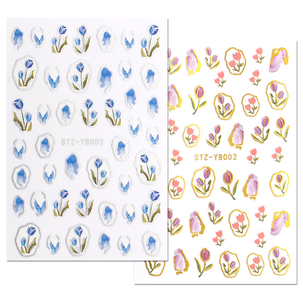 Miếng Dán Trang Trí Móng Tay 3D Hình Hoa Tulip Màu Hồng/ Bạc Thời Trang