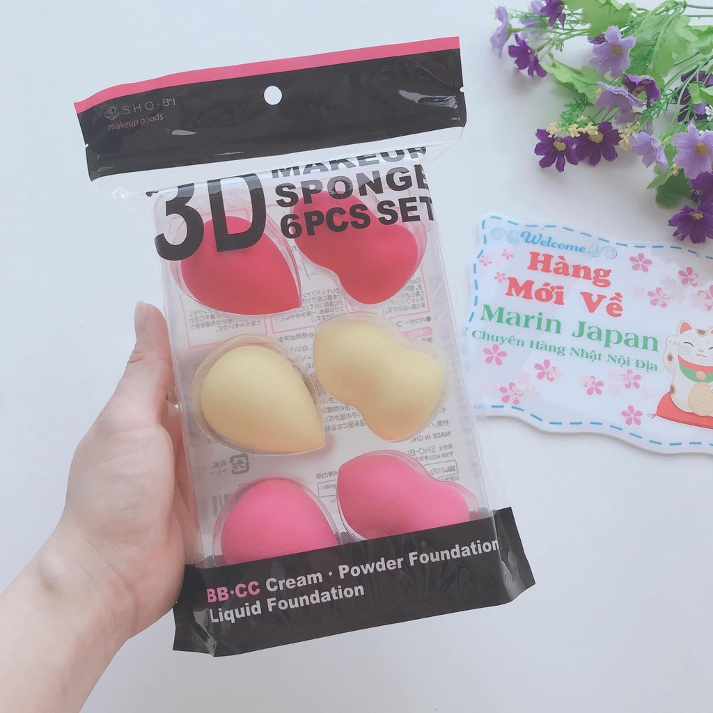 Bông tán kem nền trang điểm hồ lô 3D cao cấp Makeup Sponge Nhật Bản Set 6 miếng