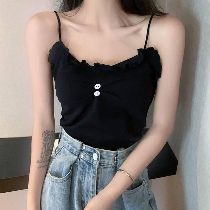 Brroa Áo Croptop Dệt Kim Sát Nách Màu Trơn Cài Nút Trước Viền Diềm Xếp Nếp Phong Cách Hàn Quốc Cho Nữ