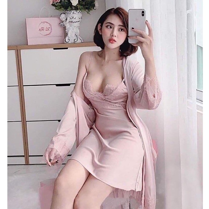 Set 2 món Váy ngủ sexy mix áo choàng lụa satin cao cấp - đầm ngủ sexy lụa | WebRaoVat - webraovat.net.vn