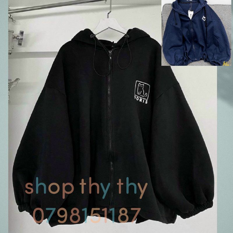 Áo khoác nỉ tay chun phồng_Áo hoodie khoá zip form rộng unisex nón to thêu logo Mèo Ulzzang thời trang thu đông