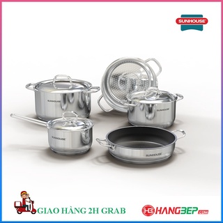 Bộ 5 món nồi, chảo inox 5 đáy sunhouse shg995, bộ nồi inox dùng được cho tất cả các bếp