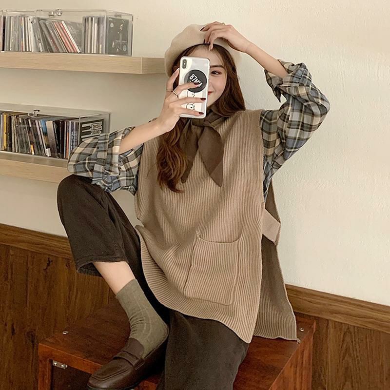 [có sẵn] Áo ghi lê len dệt kim thiết kế phong cách retro kèm áo sơ mi