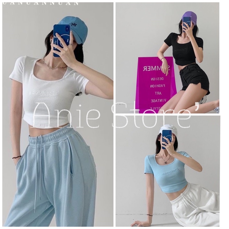 Áo Croptop Cổ Vuông Thêu Chữ 🦋 Áo Thun Nữ Dáng Lỡ Cộc Tay 3 Màu 🦋