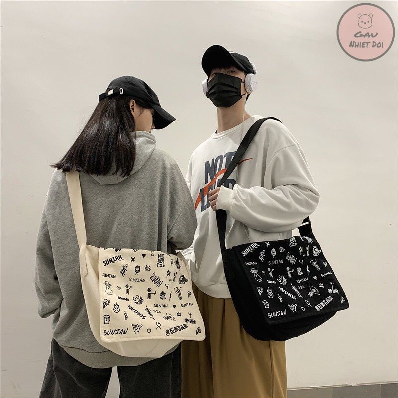 [Gấu Nhiệt Đới] Túi Tote Unisex Vải Canvas In Họa Tiết Full 2 Màu Đen/Trắng Sữa