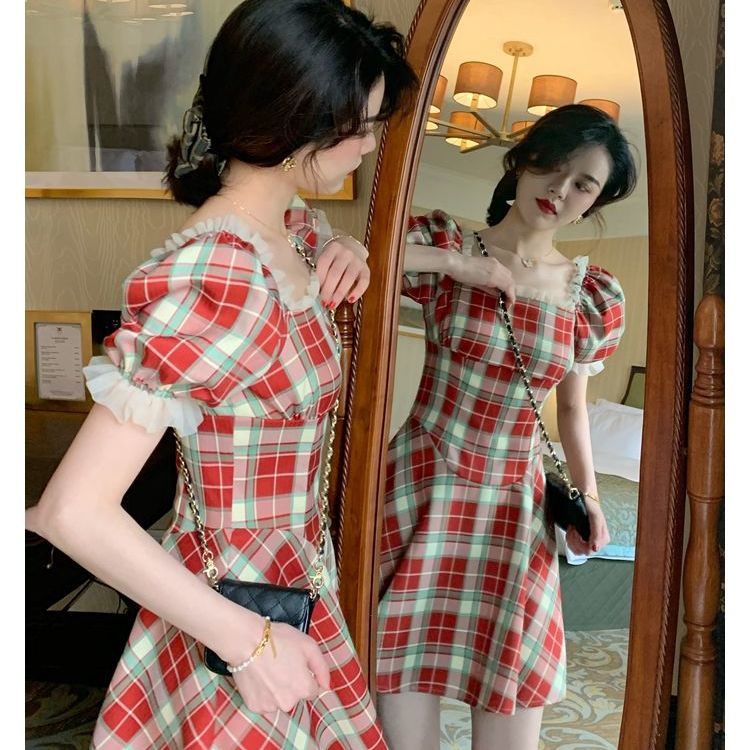 Large Size Dress Retro Plaid Red Dress Square Mouth Bubble Sleeve French Skirt 2020 New Summer | BigBuy360 - bigbuy360.vn