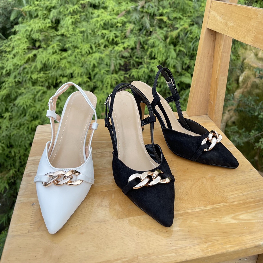 Sandal bít mũi nhọn dây xích ngang gót đũa - 7P