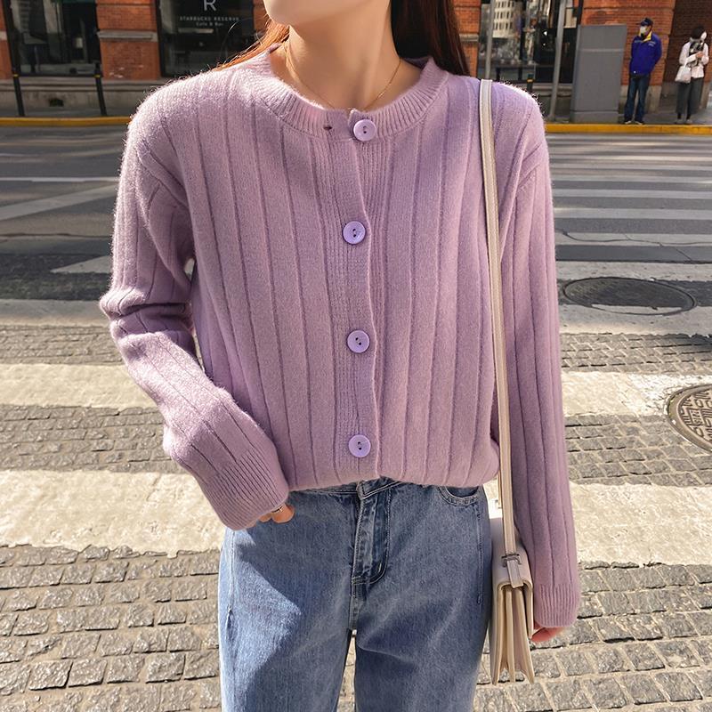 Áo Khoác Cardigan Dệt Kim Mỏng Dáng Rộng Cổ Tròn Tay Dài Màu Trơn Phong Cách Hàn Quốc Cho Nữ