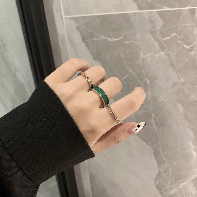 Set 3 Nhẫn Tròn Kim Loại Tráng Men Màu Trắng Phong Cách Bohemian Có Thể Điều Chỉnh Cho Nữ