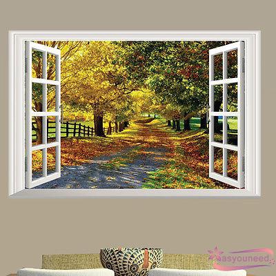 Decal dán tường hình khung cửa sổ 3D có rừng cây lá phong chất liệu PVC kích thước 40x60cm