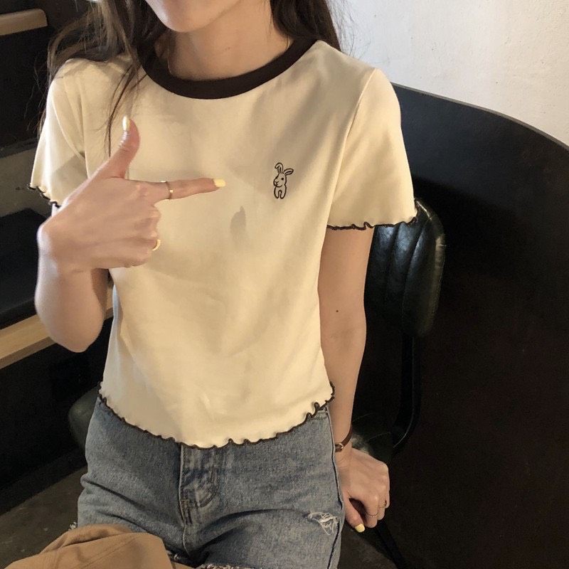 Áo croptop cuốn biên thiêu hình 🐰