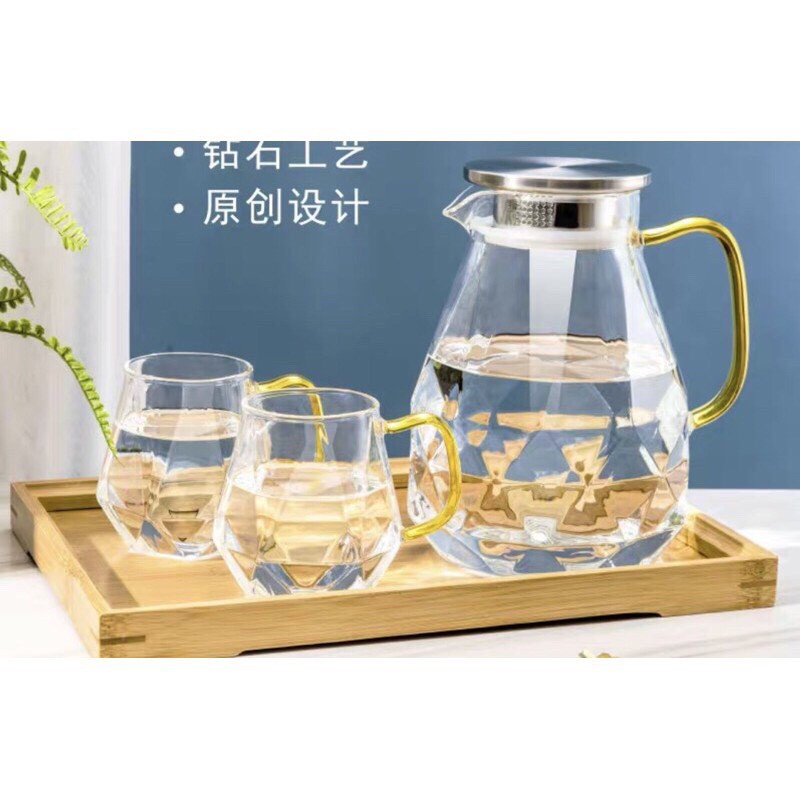 bộ bình kèm 6 cốc thủy tinh kim cương chịu nhiệt -TH
