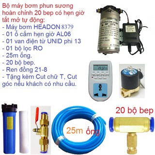 Bộ máy phun sương hoàn chỉnh 20 bep sử dụng máy bơm phun sương HEADON HF 8379 có hẹn giờ tắt mở tự động