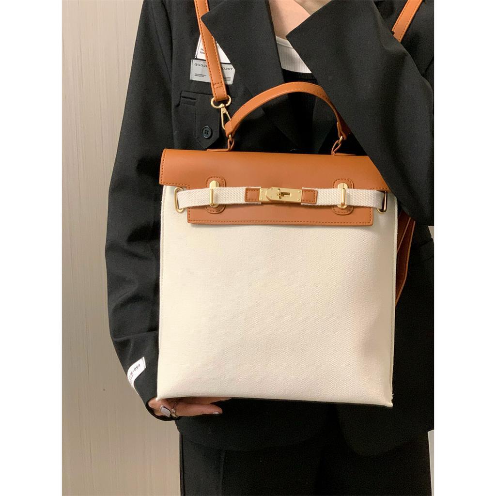 Balo cặp nữ đi học đi làm thời trang cao cấp giá rẻ vải phối da màu nâu trắng BLN0008 Hana Bags