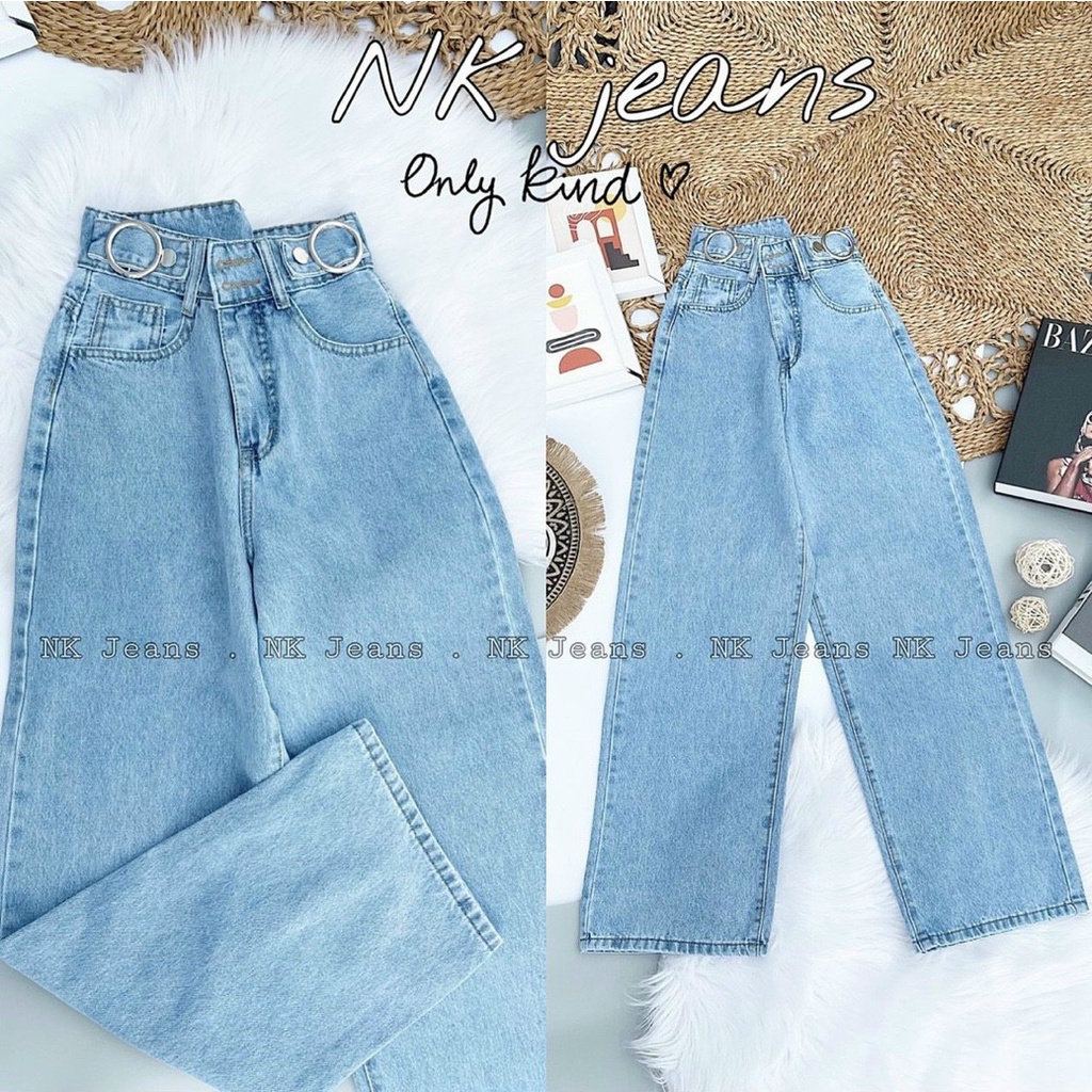 Quần jeans lưng cao ống suông rộng siêu xinh