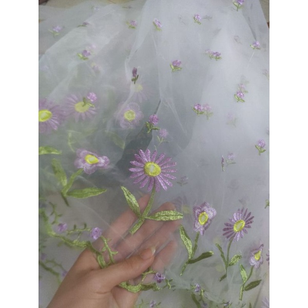 Vải voan kính mỹ (tơ oganza) hoa thêu tím, làm váy, phông nền background sinh nhật, decor chụp ảnh, hoa giả