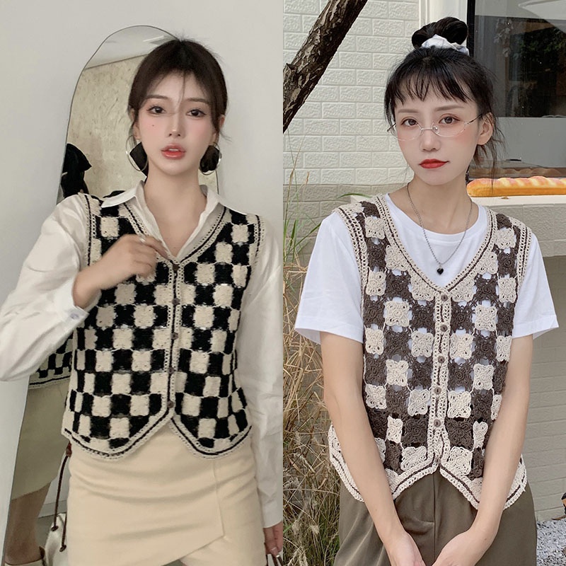 Áo khoác cardigan không tay cổ chữ V họa tiết sọc caro thời trang cho nữ