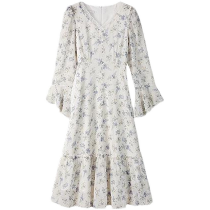 Váy voan hoa trắng xanh MORAN phối bèo ống tay rộng xòe đuôi cá điệu đà bánh bèo