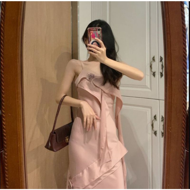 (ảnh thật ở cuối) Váy sling hoa hồng sexy nữ thiết kế phong cách theo xu hướng retro của Pháp