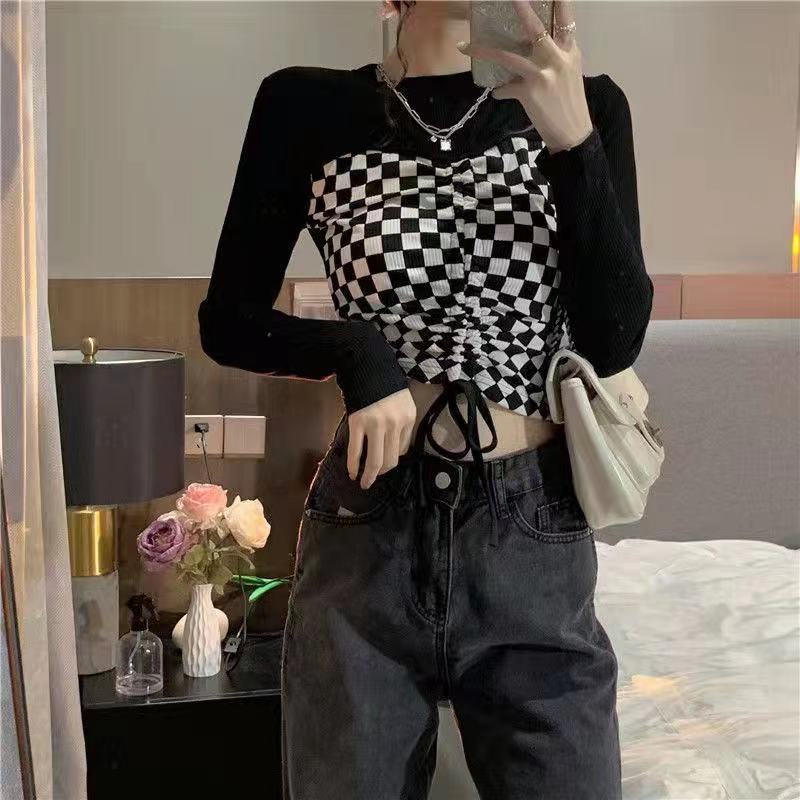T-shirt short Black close-fitting design niche women's top long sleeve new early autumn fake two-piece inner base shirt GMKu