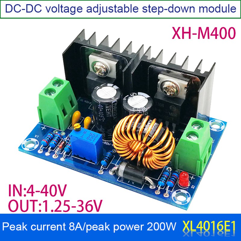 Mô-đun cấp nguồn bước xuống XH-M400 DC4-40V đến DC1.25-36V 8A 200W có thể điều chỉnh XL4016E1 Mô-đun khóa điều chỉnh điện áp DC-DC DC4-40V XH-M400 8A Mô-đun bước xuống XL4016E1 Bộ điều chỉnh điện áp DC-DC công suất cao với bộ ổn định điện áp