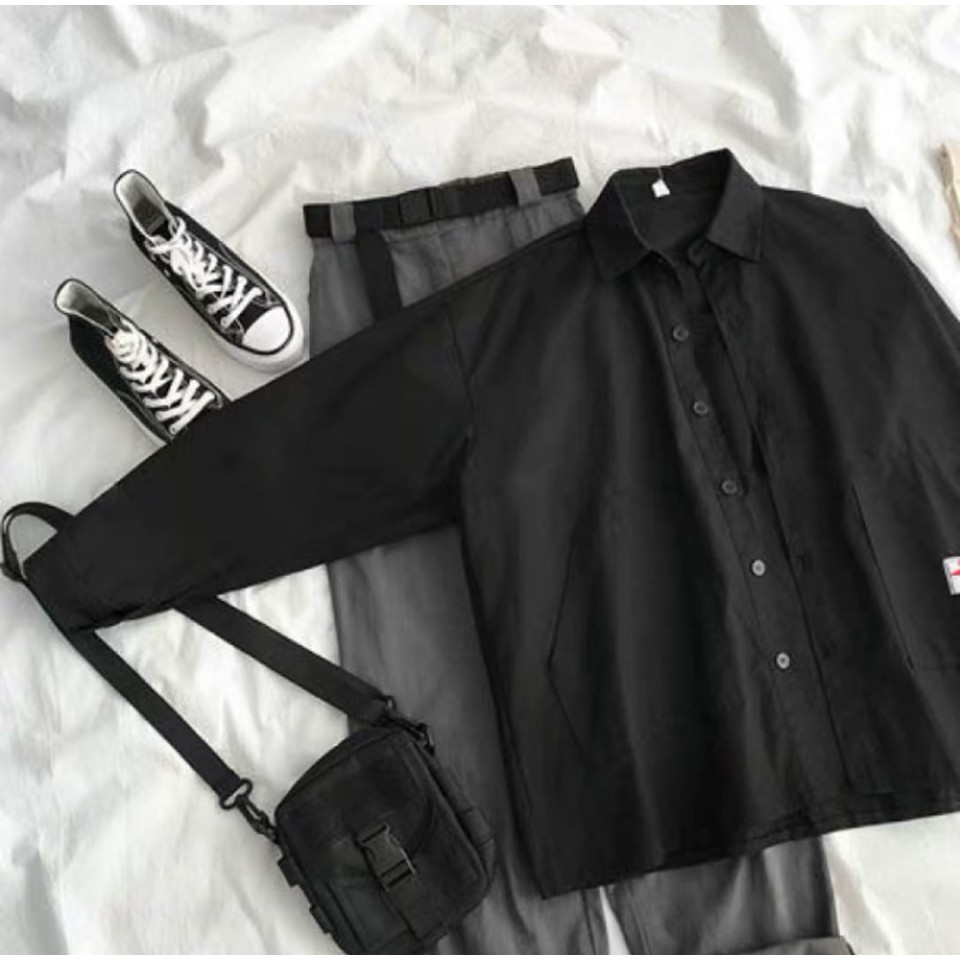 Set quần áo sơ mi kaki đen, Bộ quần áo sơ mi dài tay basic tạo style riêng độc lạ