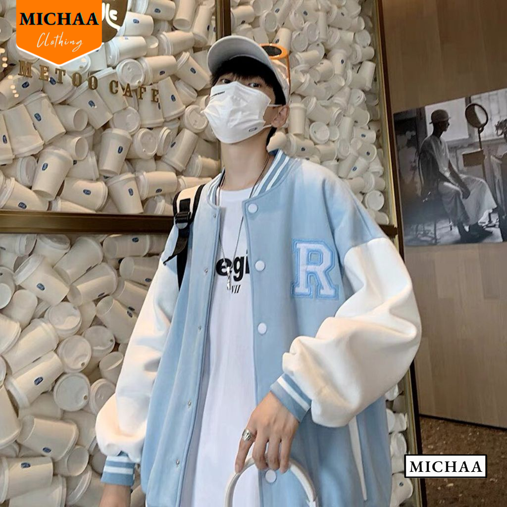 Áo Bomber nỉ CHỮ R Ulzzang form rộng Unisex áo khoác nỉ bông Michaa