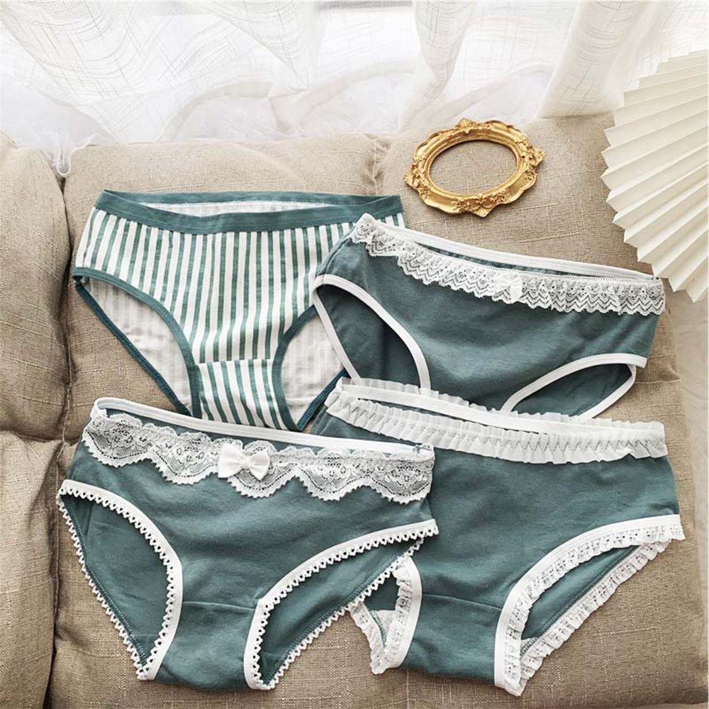 EPOCH Quần lót cotton mềm eo thấp phối ren thoáng khí in họa tiết kẻ sọc đính nơ ngọt ngào phong cách Hàn Quốc cho nữ