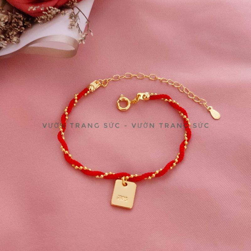 Vòng tay chỉ đỏ kim bạc S925 mạ vàng - Lắc tay chỉ đỏ charm bạc Ý mạ vàng may mắn, tài lộc Vườn Trang Sức