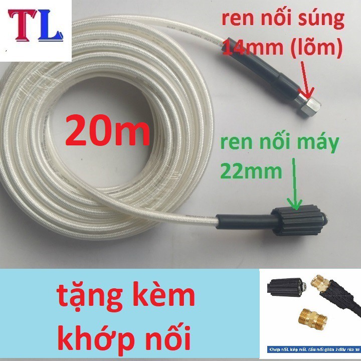 Dây Rửa Xe 10m,15m,20m Cho Máy Bơm Xịt Rửa Áp Lực Cao (Ren nối 22mm - 14mm)