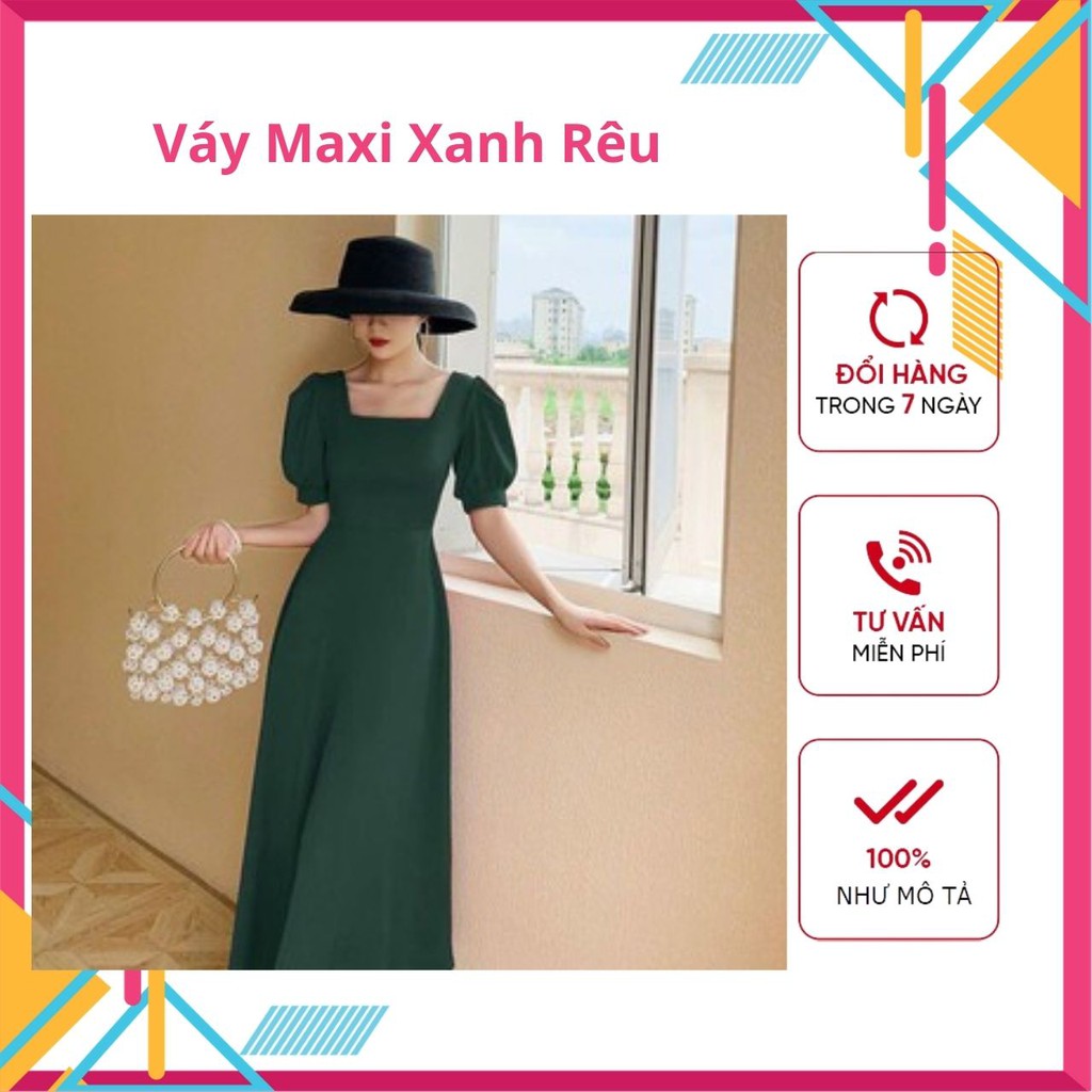 Váy Maxi Đi Biển Xòe Dài Cổ Vuông Tay Phồng Xanh Rêu - Đầm Maxi Du Lịch - Maxi Dress Dạ Hội Siêu Đẹp Siêu Sang | BigBuy360 - bigbuy360.vn