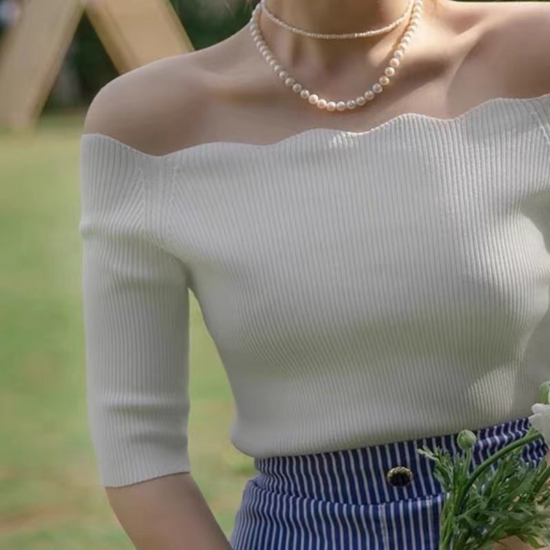 Áo thun dệt kim Pure Cube tay ngắn hở vai thời trang mùa hè cho nữ