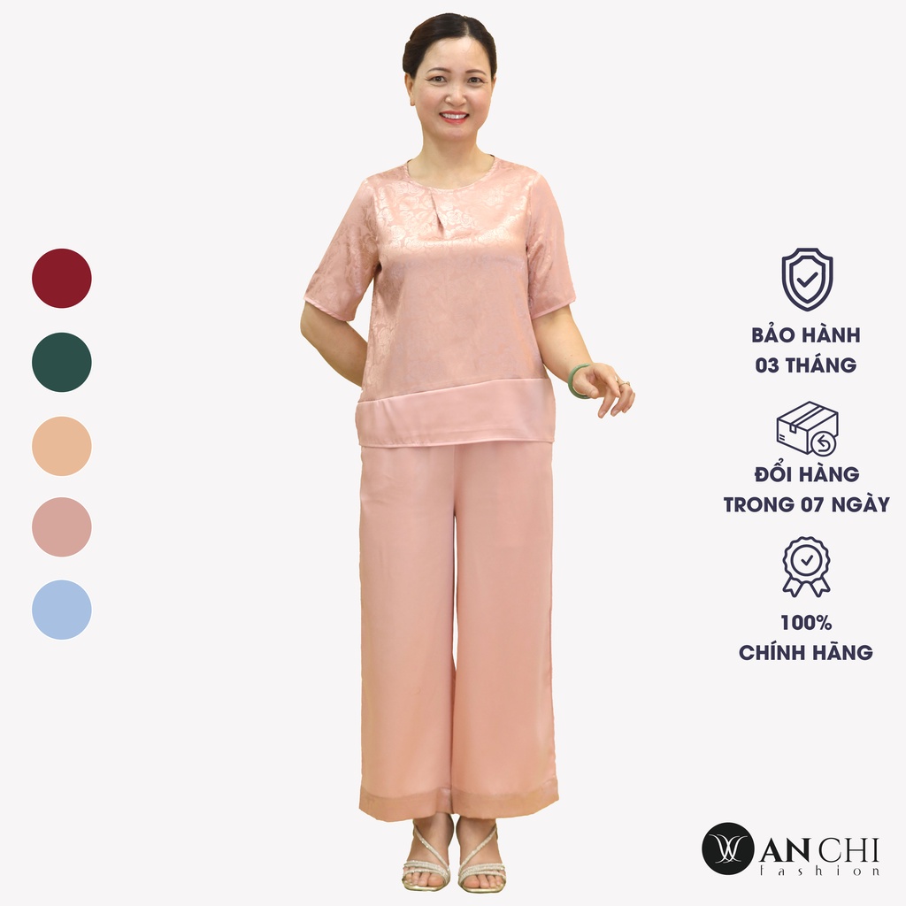 Đồ Bộ Trung Niên Nữ Lụa Gấm Cao Cấp ANCHI B26 Hồng, Set Đồ Mặc Nhà Sang Trọng Cho Mẹ