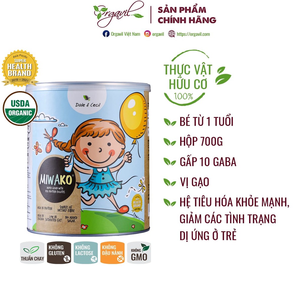 Sữa hạt hữu cơ Miwako không đường vị gạo thúc đẩy khả năng nhận thức & kiểm soát cảm xúc cho trẻ 1+ Hộp 700g - Orgavil