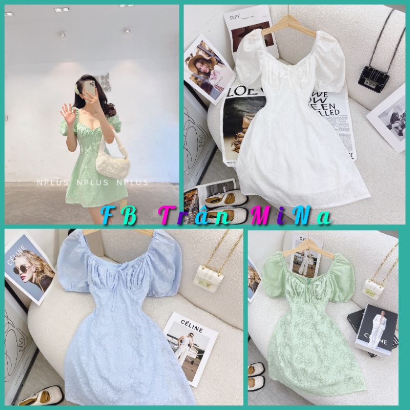 Đầm mini nữ đi chơi xô hoa nhíu ngực thắt nơ ( Bảo Trân Tít)