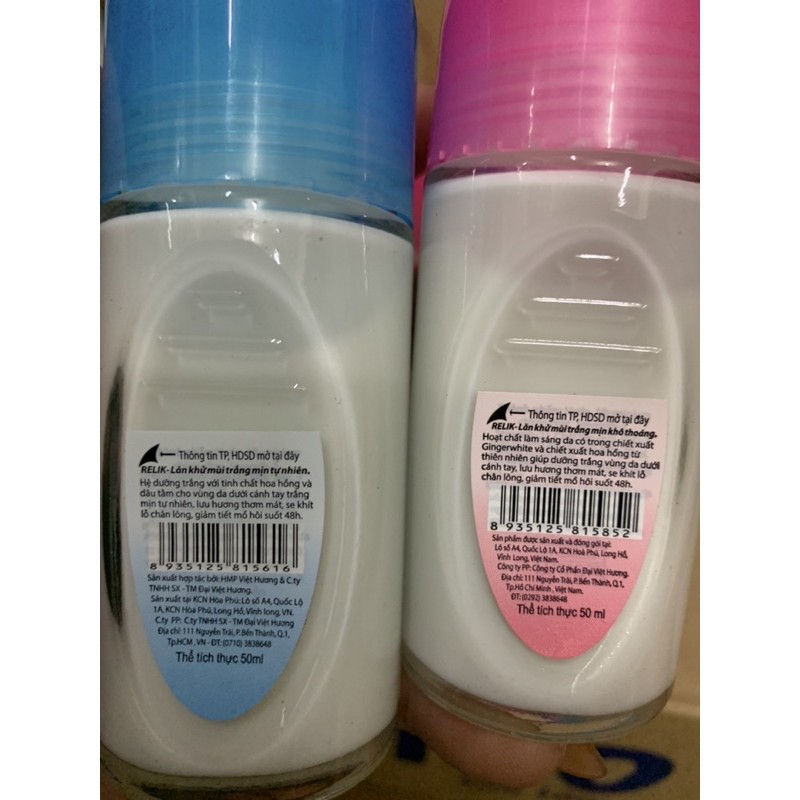 Lăn khử mùi Relik chai lớn 50ml có 2 màu hồng và xanh như hình | BigBuy360 - bigbuy360.vn