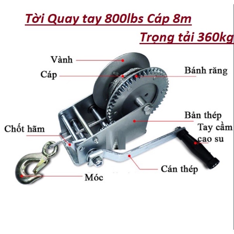 Tời quay tay 800LBS 360kg, 1200LBS 545kg, 2000LBS 1000kg, 3000LBS 1360kg cáp dài 8m